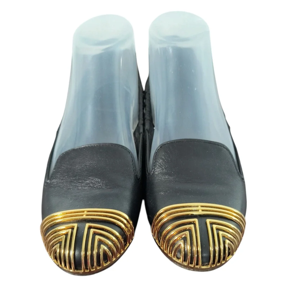 Tory Burch Charlee Black Leather Gold Toe Ballet Flat Shoes Size 7.5 Slip On